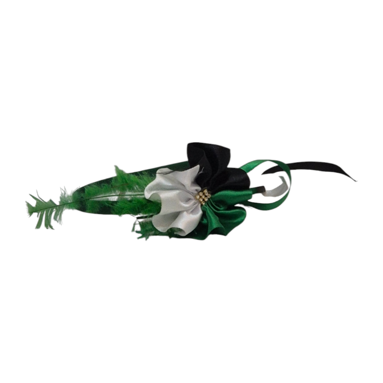 Arranjo de cabelo verde com plumas e laço
