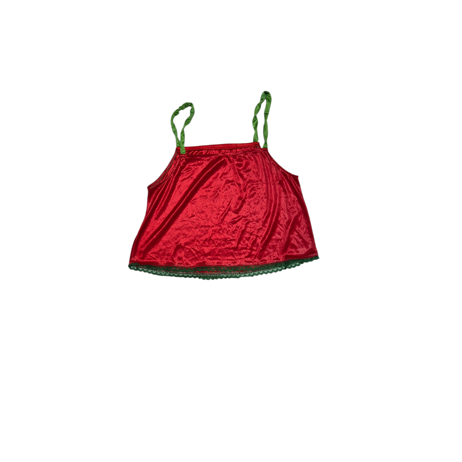Blusa vermelha de cetim com alças verdes