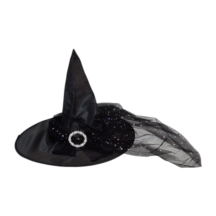 Chapéu de bruxa preto com véu