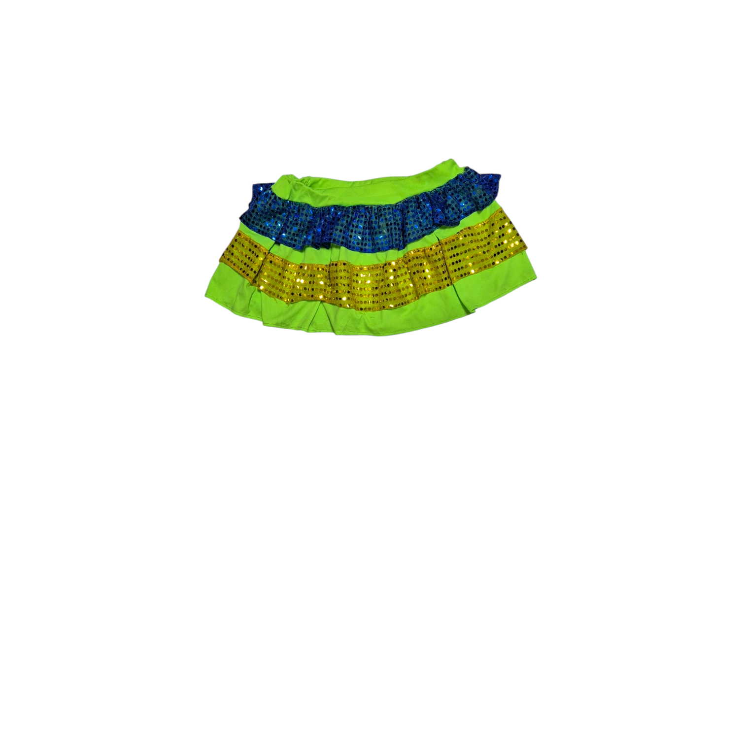 Saia curta de babados verde e azul com paetê