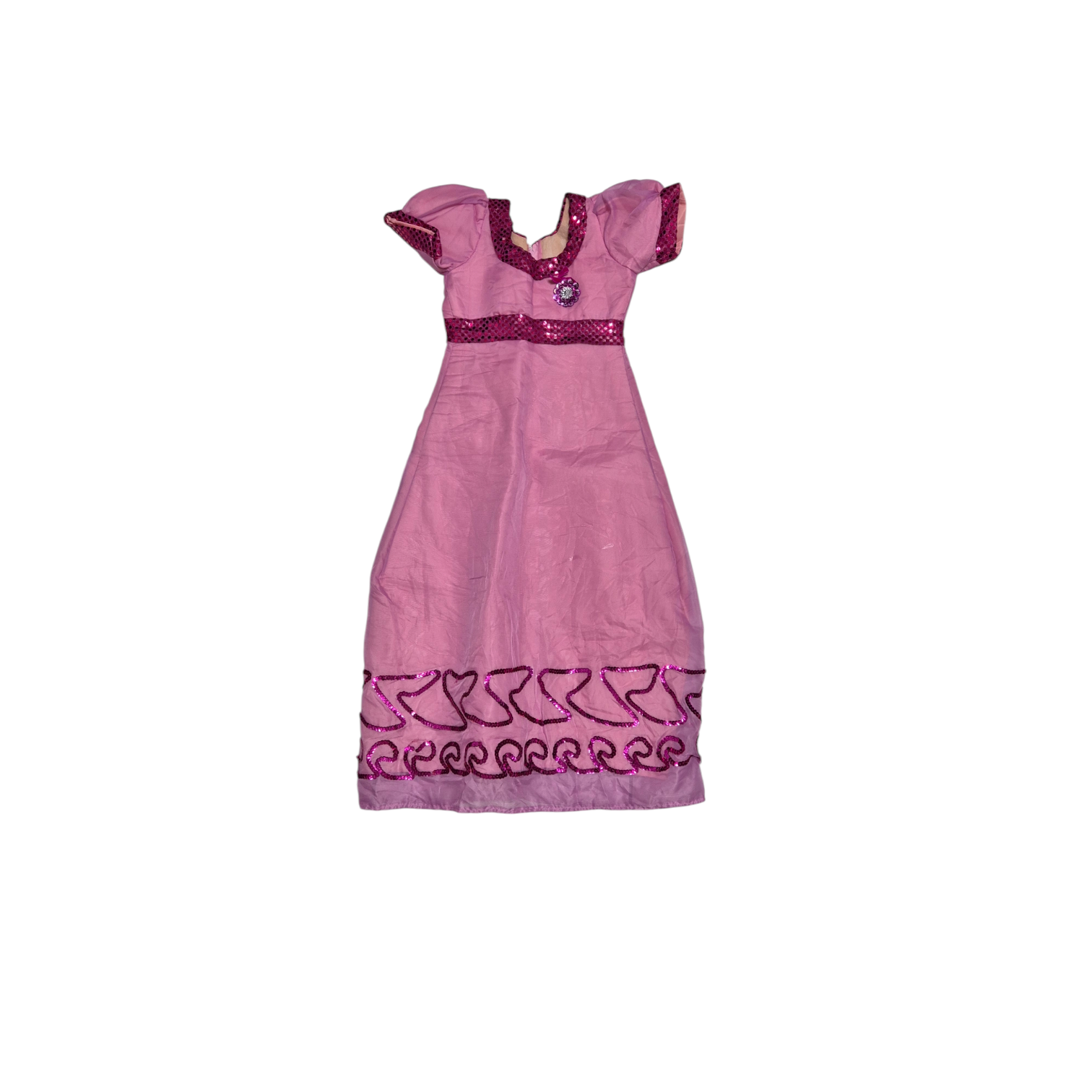 Vestido rosa com barrado roxo